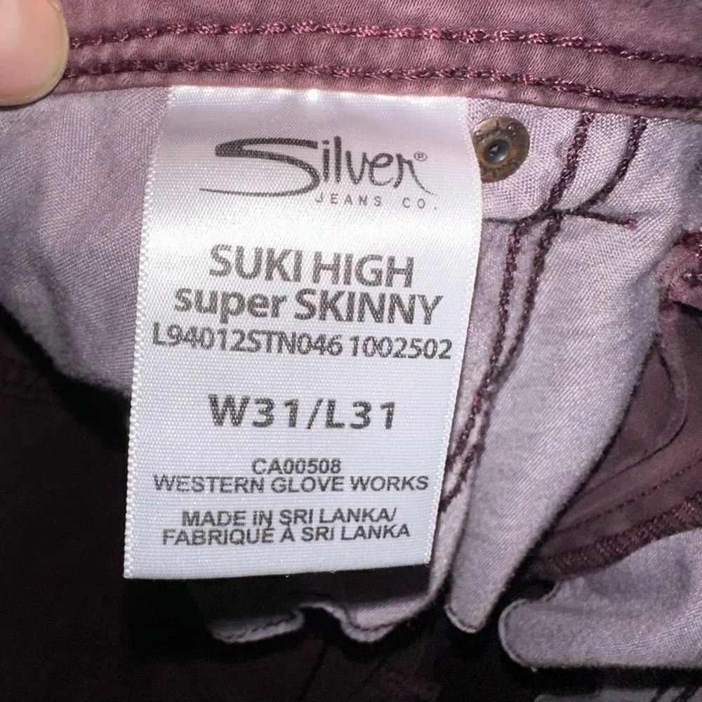Silver Suki burgundy washed super skinny 31x28 jeans